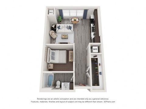 Floor plan for 1 bed, 1 bath, 641 sqft